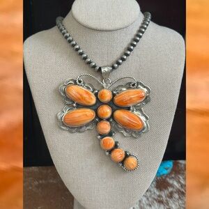 Huge Orange Spiny Oyster 46g Dragonfly Southwestern Sterling Silver Pendant